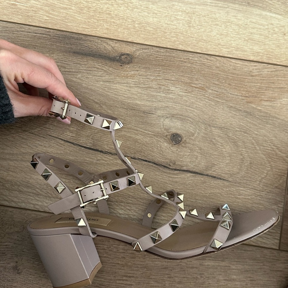 Studded Beige Block Heel Sandals
